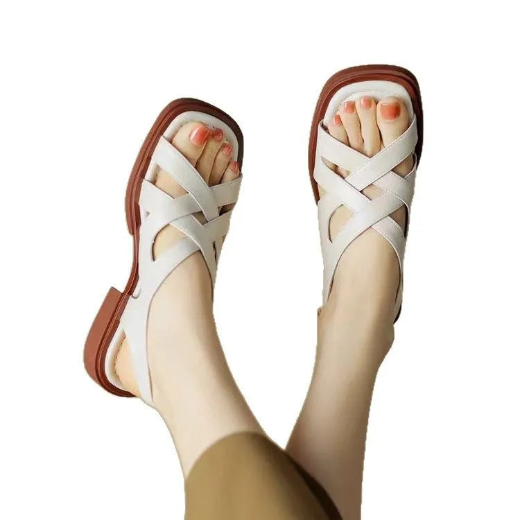 Women's patent leather square toe beach sandals with cross strap design in three colour options