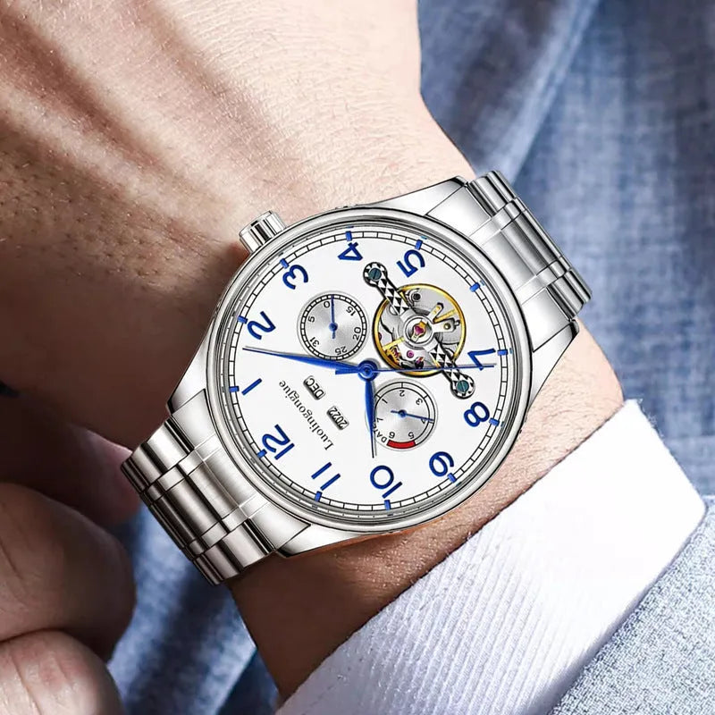 Men's business mechanical watch with stainless steel case, sapphire crystal glass, and genuine leather strap
