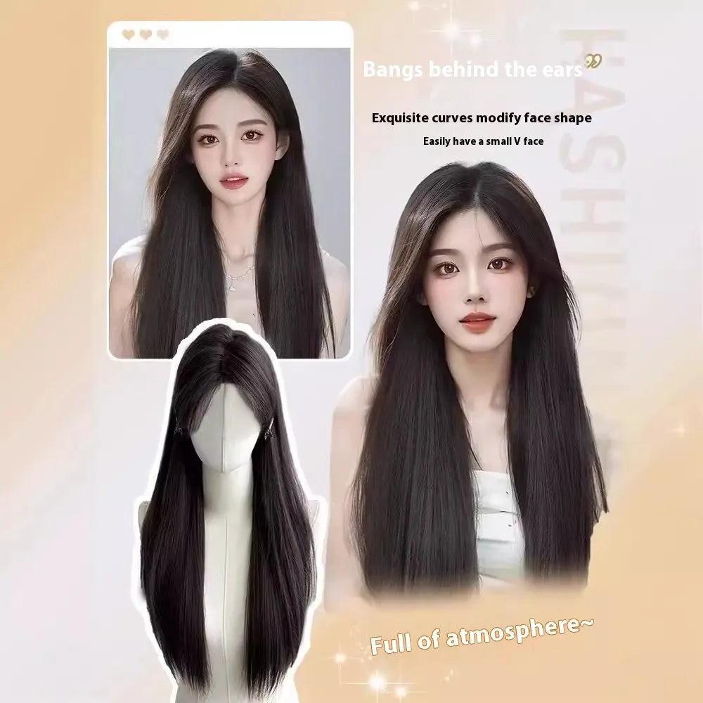 Forehead lace long straight synthetic wig in dark brown and cold brown shades with side bangs.