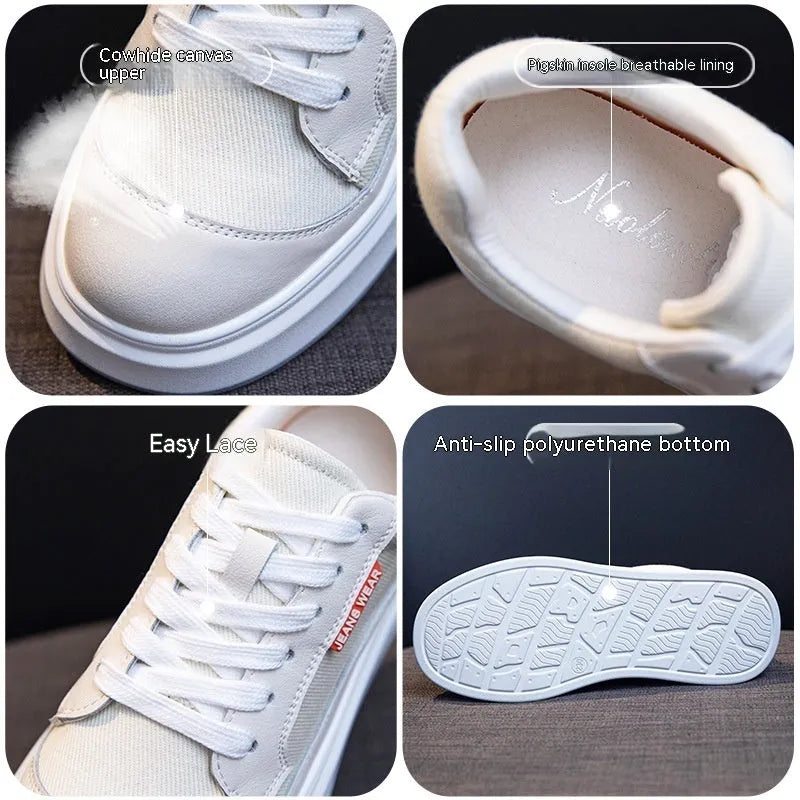 Women's beige leather board shoes with thick soles for height increase