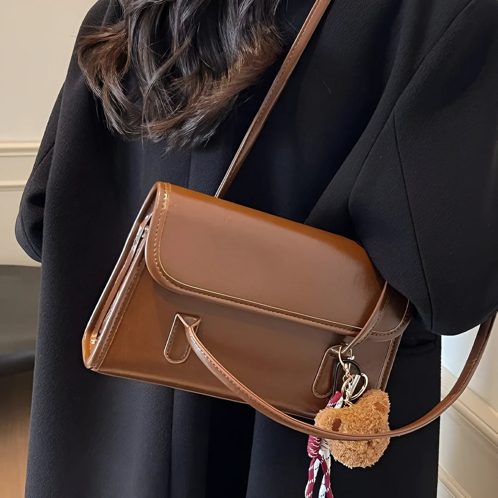 Women's brown Maillard PU leather shoulder bag with square design and pendant detail