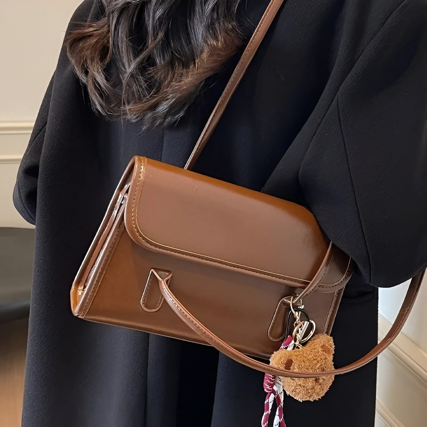 Women's brown Maillard PU leather shoulder bag with square design and pendant detail