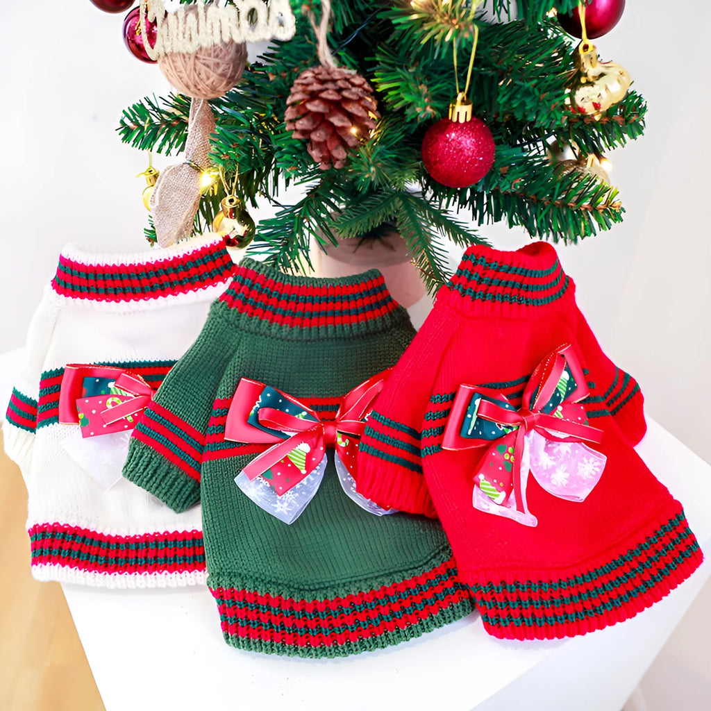 Red Christmas-themed dog jumper with festive pattern on small breed dog