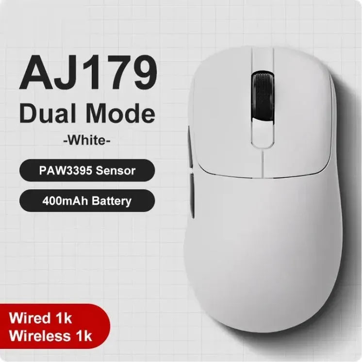 AJ159 triple-mode gaming mouse in Yunfeng White colour on a mousepad, showing its small-medium size and sleek design.