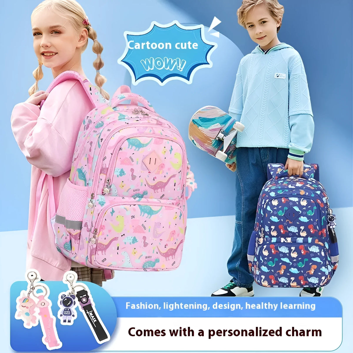 Children's waterproof Oxford cloth school backpack with curved straps and animal pattern in sapphire blue or pink