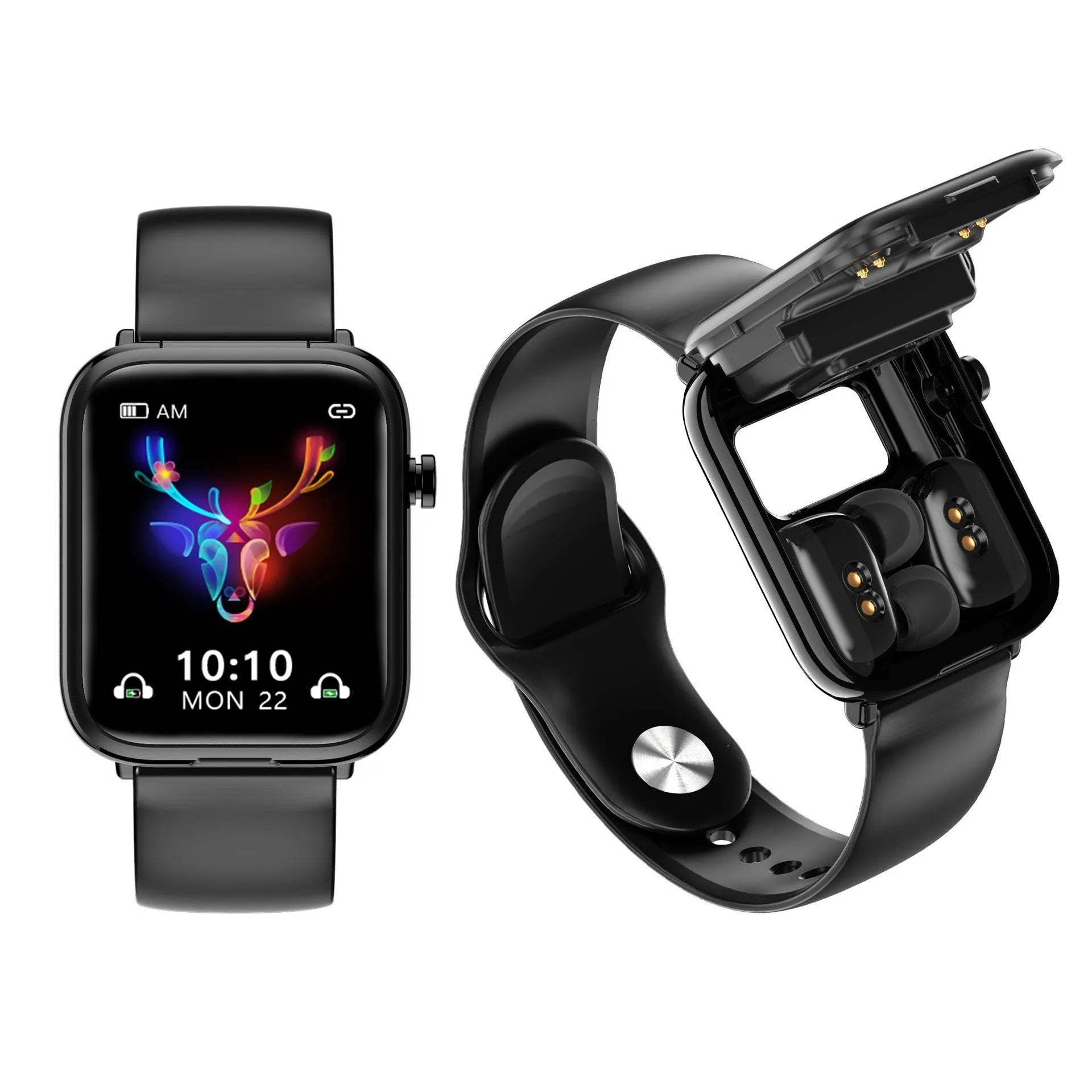 Black zinc alloy Bluetooth smartwatch with a 1.69-inch touchscreen on a wrist, next to its magnetic charging case.