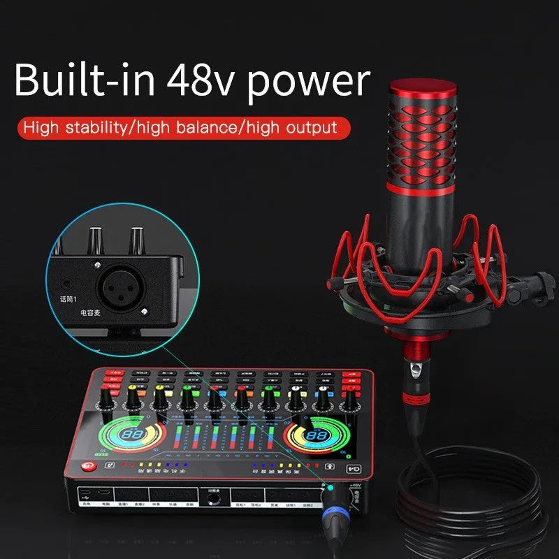 G4 professional sound card set with condenser microphone, remote control, audio cables, and LCD display
