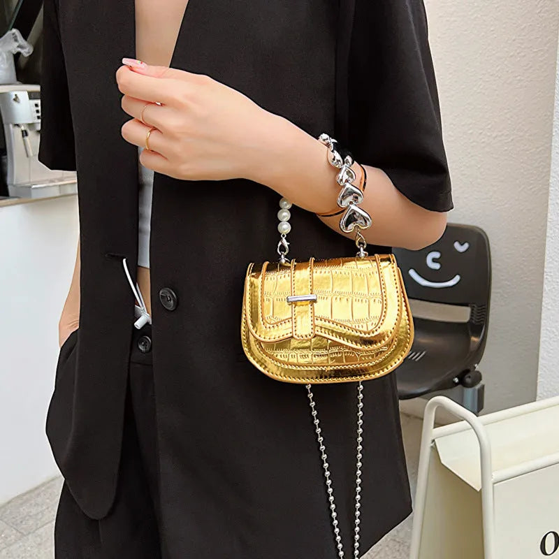 Silver laser pearl tote saddle girl mini crossbody bag with single strap and mobile phone pocket