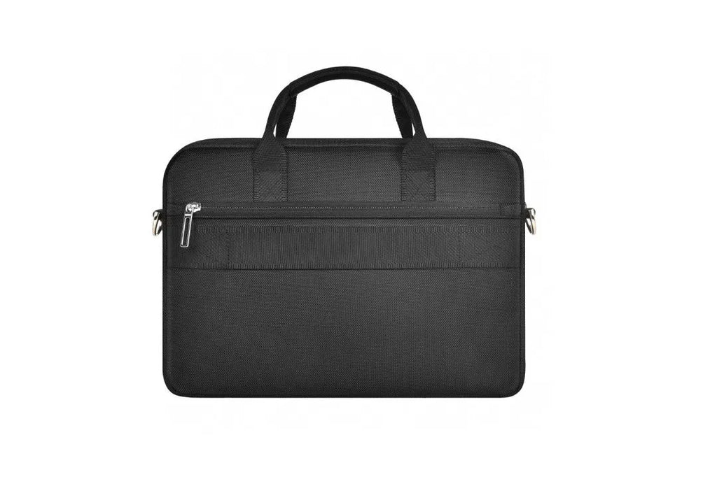 Black Oxford cloth laptop backpack showing multiple organisational pockets and a separate padded computer compartment.