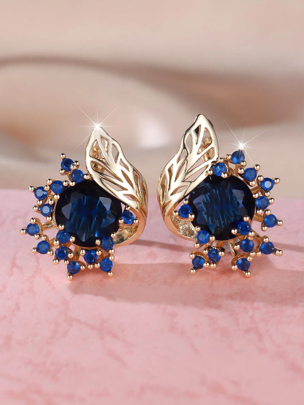 Round flower feather zircon earrings in electroplated champagne gold with coloured diamond options