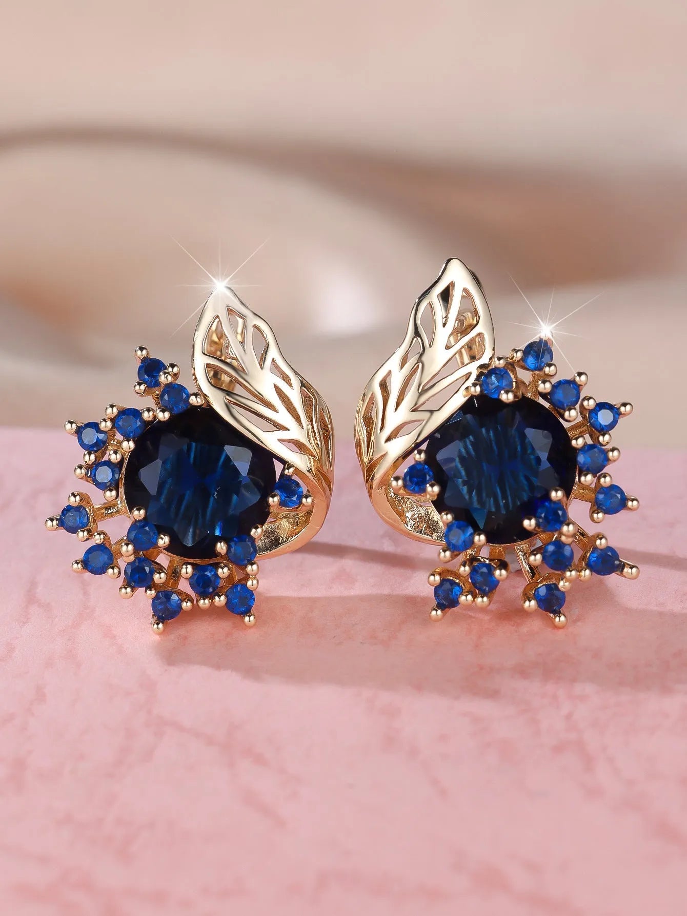 Round flower feather zircon earrings in electroplated champagne gold with coloured diamond options