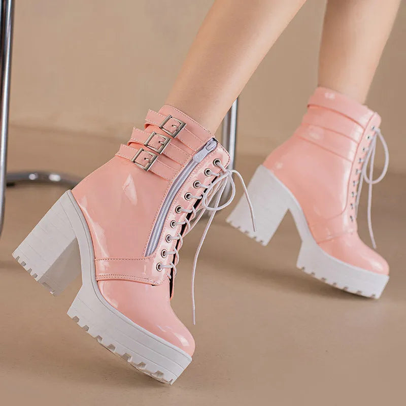 Women's black thick-heeled ankle boots with round toe and front lace-up design