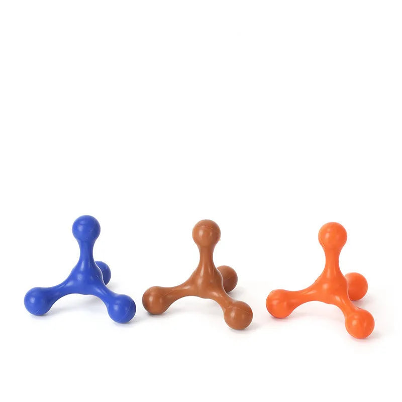 Three-legged blue silicone chew toy for puppies on a white background