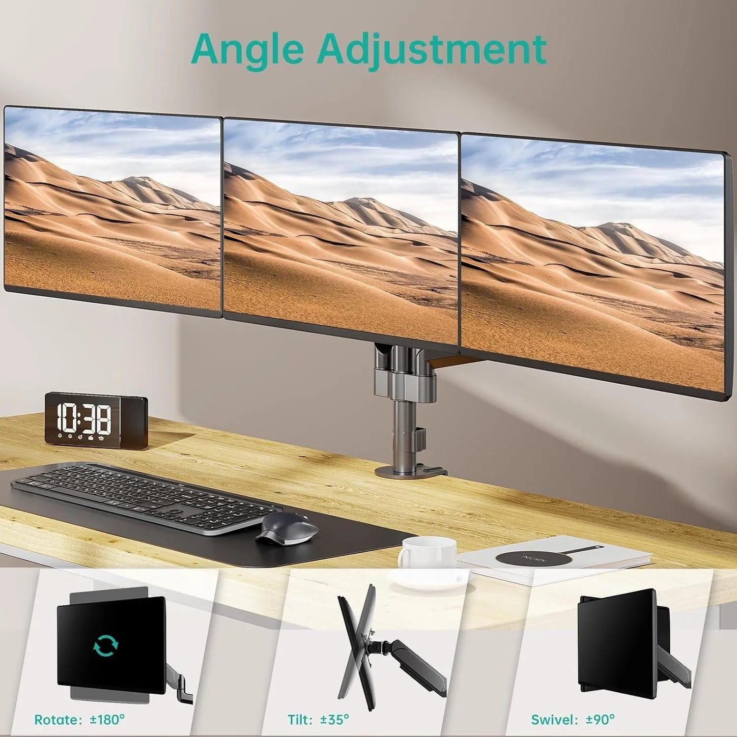 Black three-arm gas spring monitor mounting arm for 27-inch computer screens