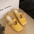 Women's flat closed toe half slipper in apricot colour with square toe and rubber sole.