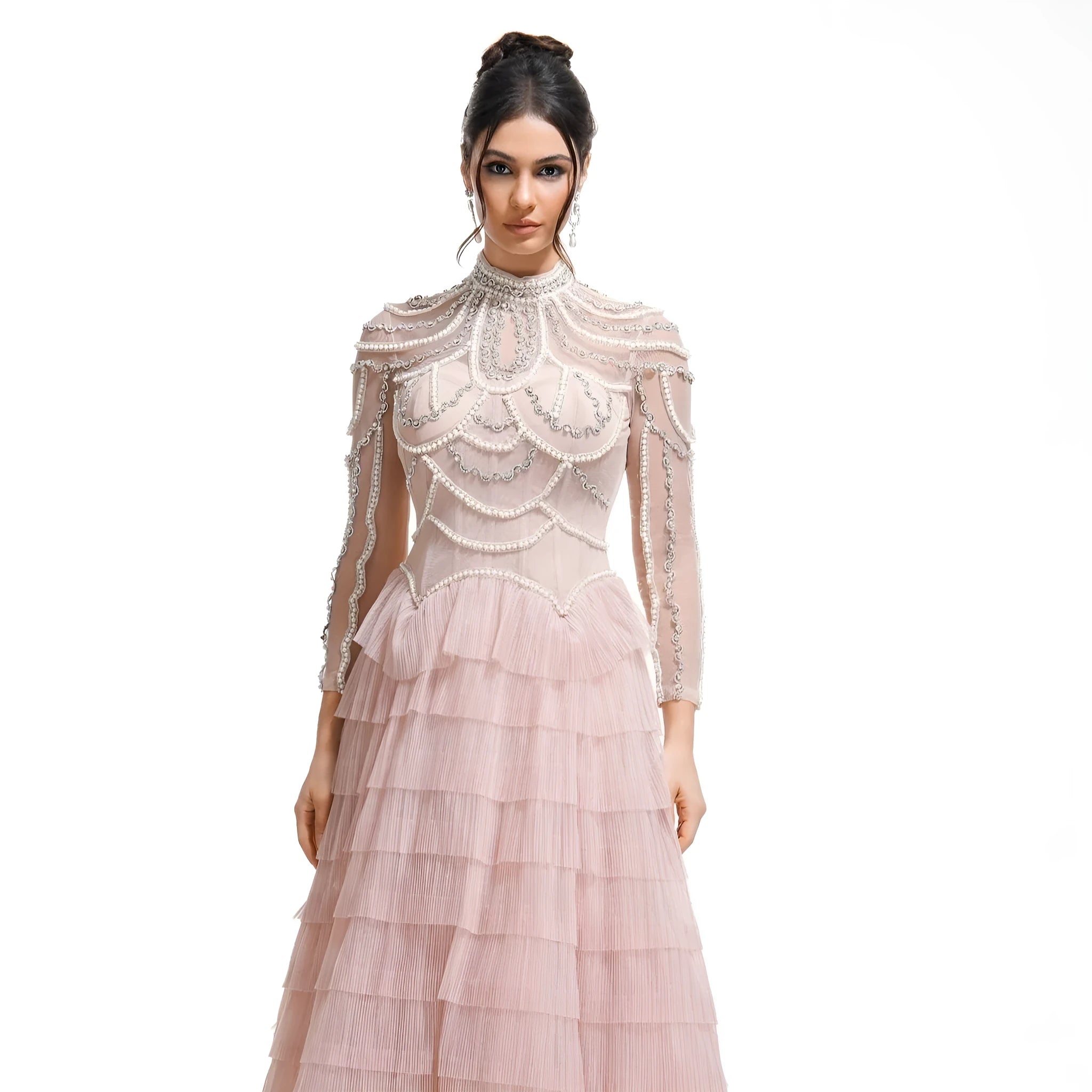 Women's long sleeve black beaded evening dress with a fitted mid waist.