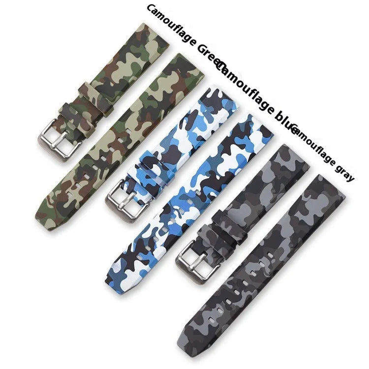 Camouflage silicone watch strap with flat head design available in green blue and grey for 20mm 22mm 24mm watches