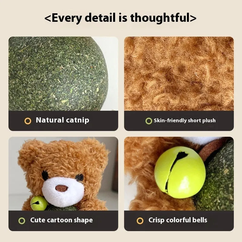 Brown bear plush catnip toy with 4cm mint ball and bell for kitten dental relief and play