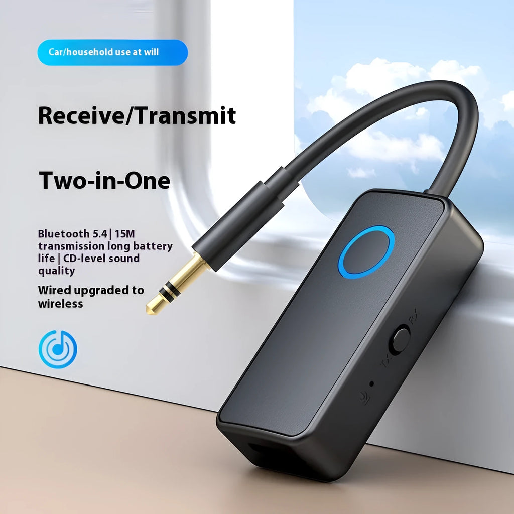 Black Bluetooth 5.4 audio adapter with a 3.5mm aux plug for wireless streaming to and from audio devices.