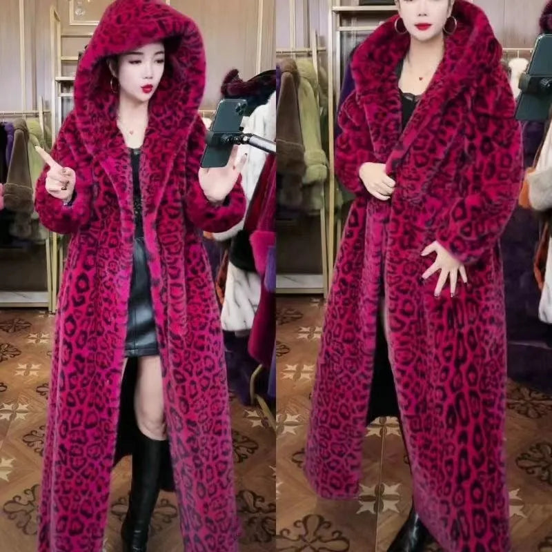 Loose-fitting plus size long faux fur coat in brown leopard print colour, showing regular sleeves and long hem.