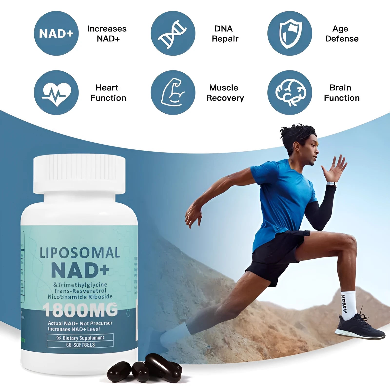 Bottle of NMN supplement capsules with choice of 60 or 120 piece count