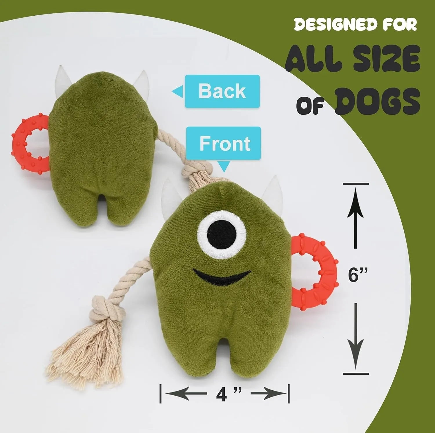 Blue and green plush dog toy with cotton rope elements and squeaker for chewing and tug of war play.