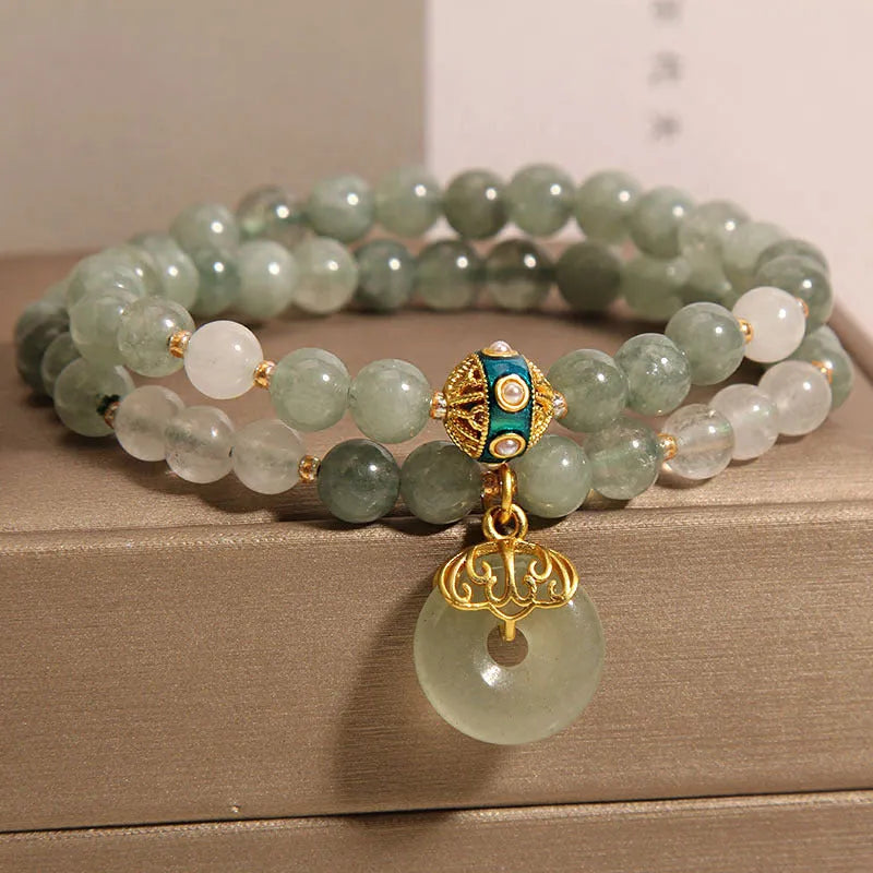 Women's green aventurine jade double-layer bracelet with crystal rhinestones and peace buckle closure