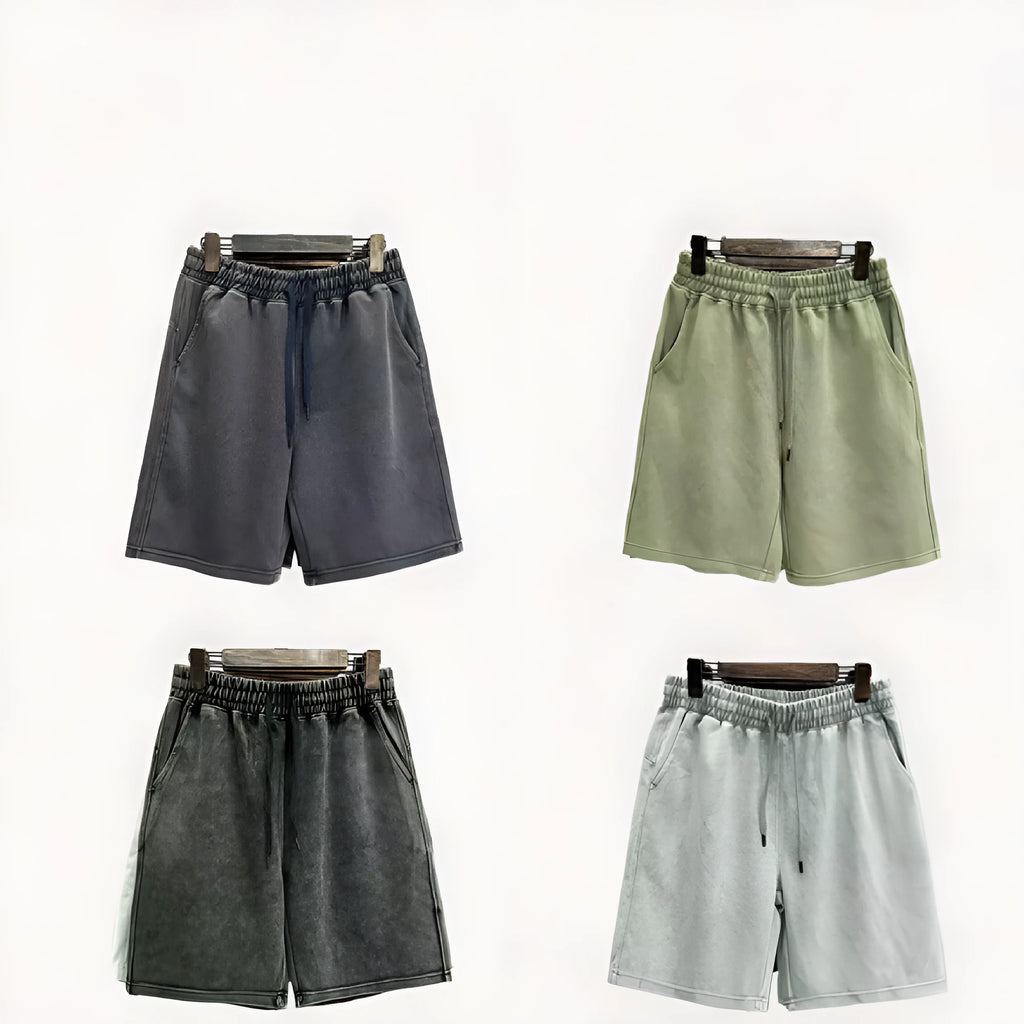 Men's cotton distressed casual shorts in loose straight-leg fit showing colour options