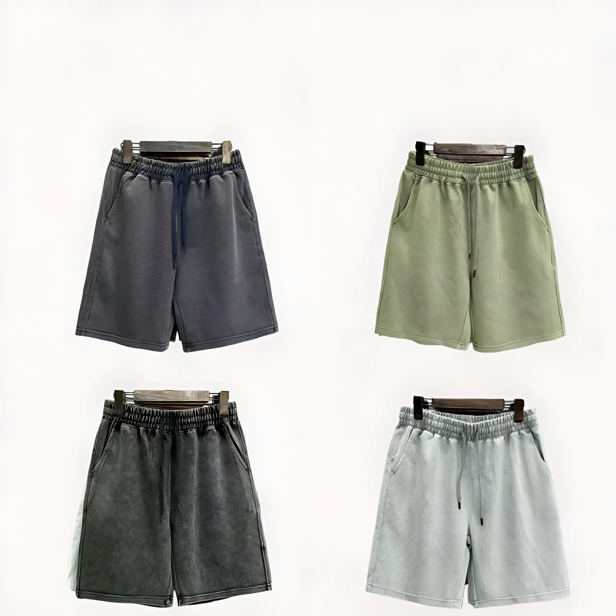 Men's cotton distressed casual shorts in loose straight-leg fit showing colour options