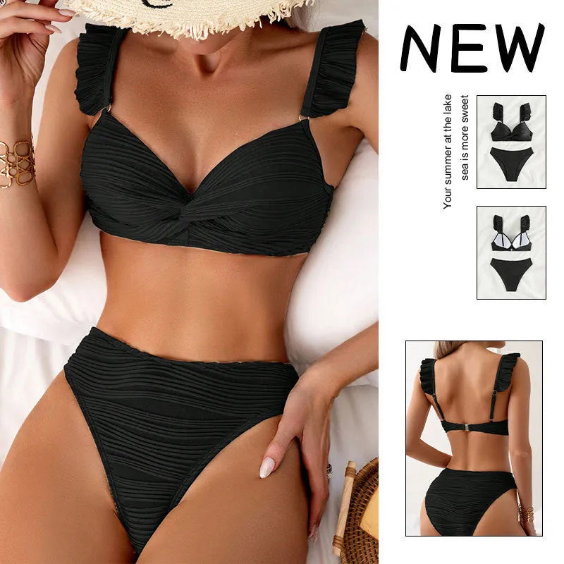 Solid colour women's bikini swimsuit in polyester fabric available in black or khaki