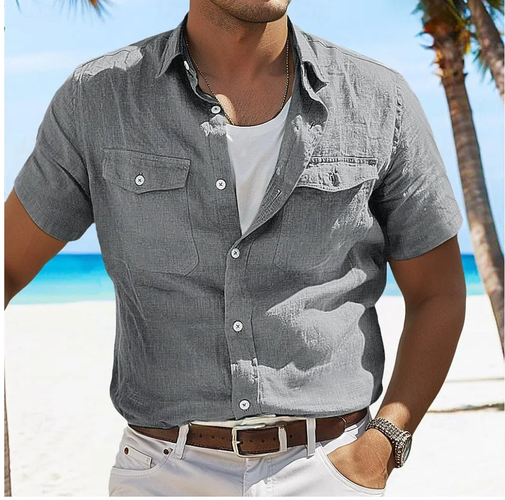 Men's loose-fit cotton cardigan shirt in a solid colour with polo collar and long sleeves.