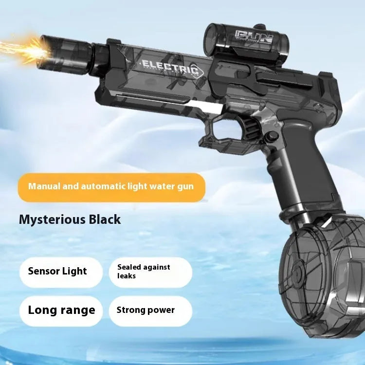 Fire Rat electric water pistol in black showing automatic drum magazine and USB charging port for outdoor summer water fights