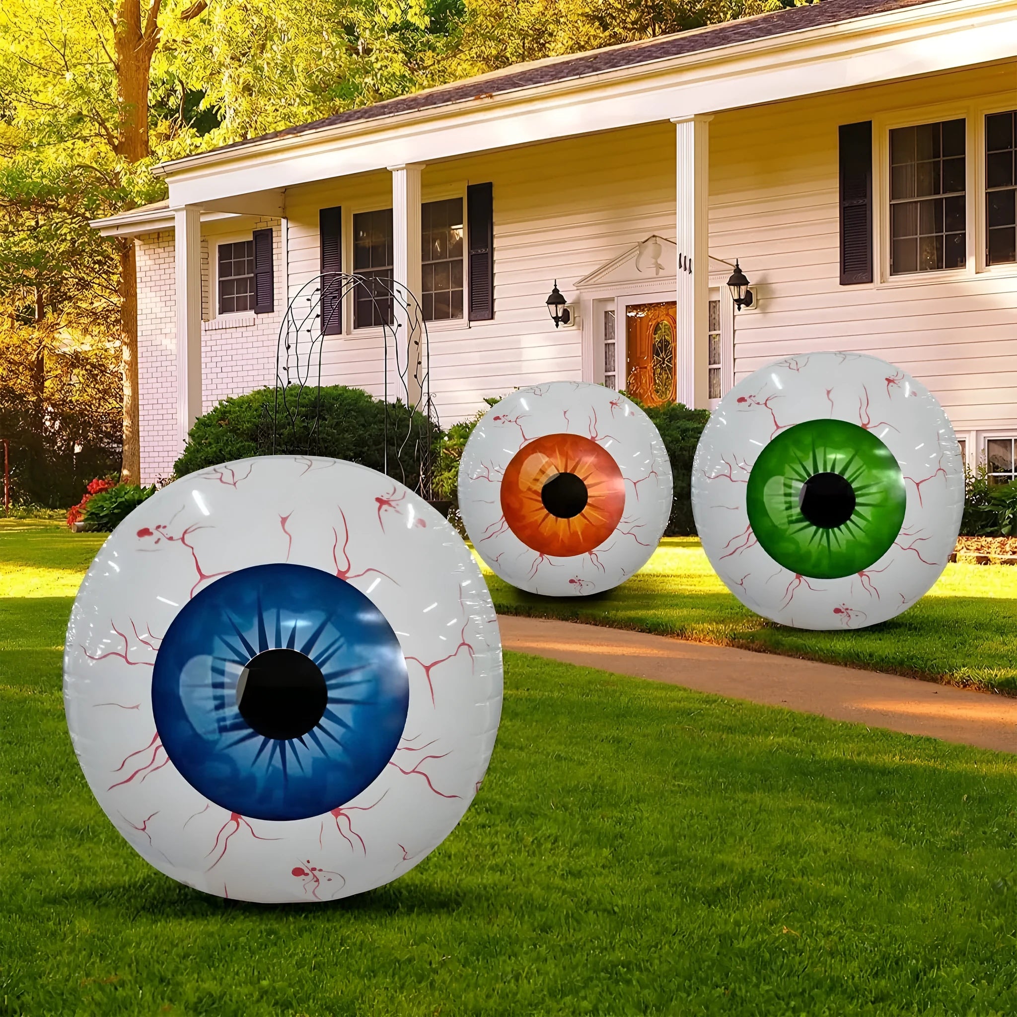 Halloween eyeball inflatable balloon with bloodshot design in green, blue or red colours