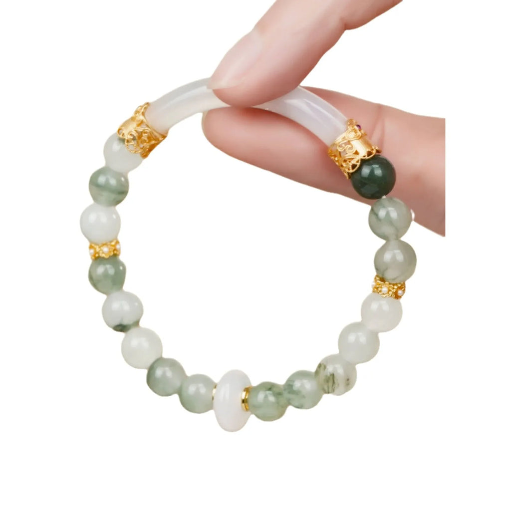 Emerald green Tian Shan Cui stone women's half bracelet with floating flower girl ethnic design
