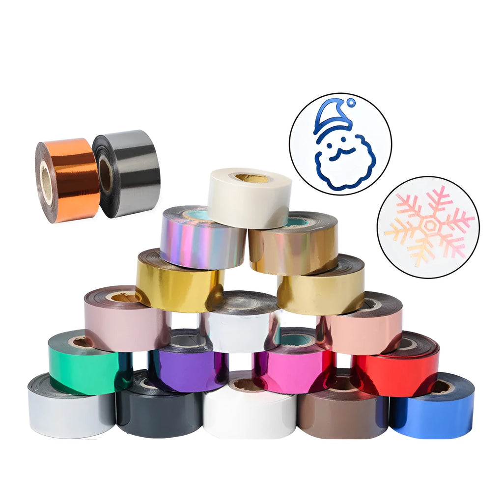 Rolls of electrochemical aluminium hot stamping foil in gold, silver, red, and black colours showing different widths.