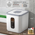 Grey plastic rice storage jar with airtight lid and measuring cup in insect-proof moisture-proof design