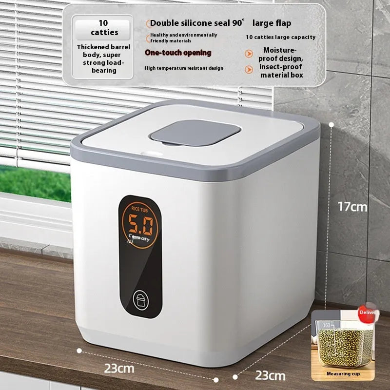 Grey plastic rice storage jar with airtight lid and measuring cup in insect-proof moisture-proof design