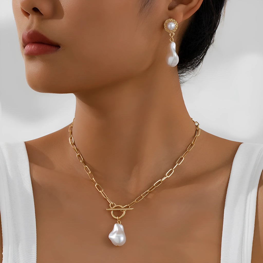 Gold-tone iron Baroque pearl necklace and matching ear stud jewellery set for women