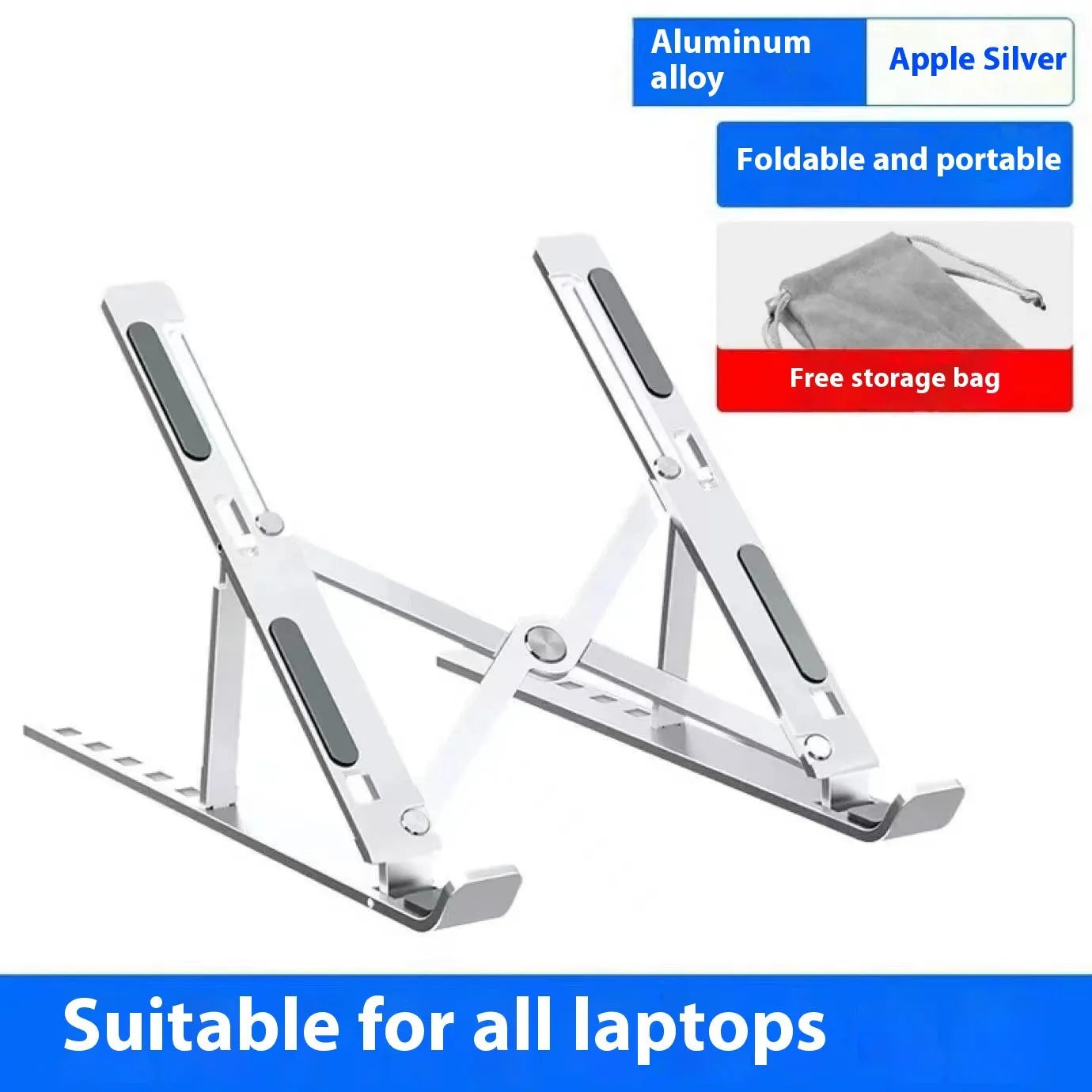 Silver aluminium alloy folding laptop stand with silicone padding for 16-18 inch devices