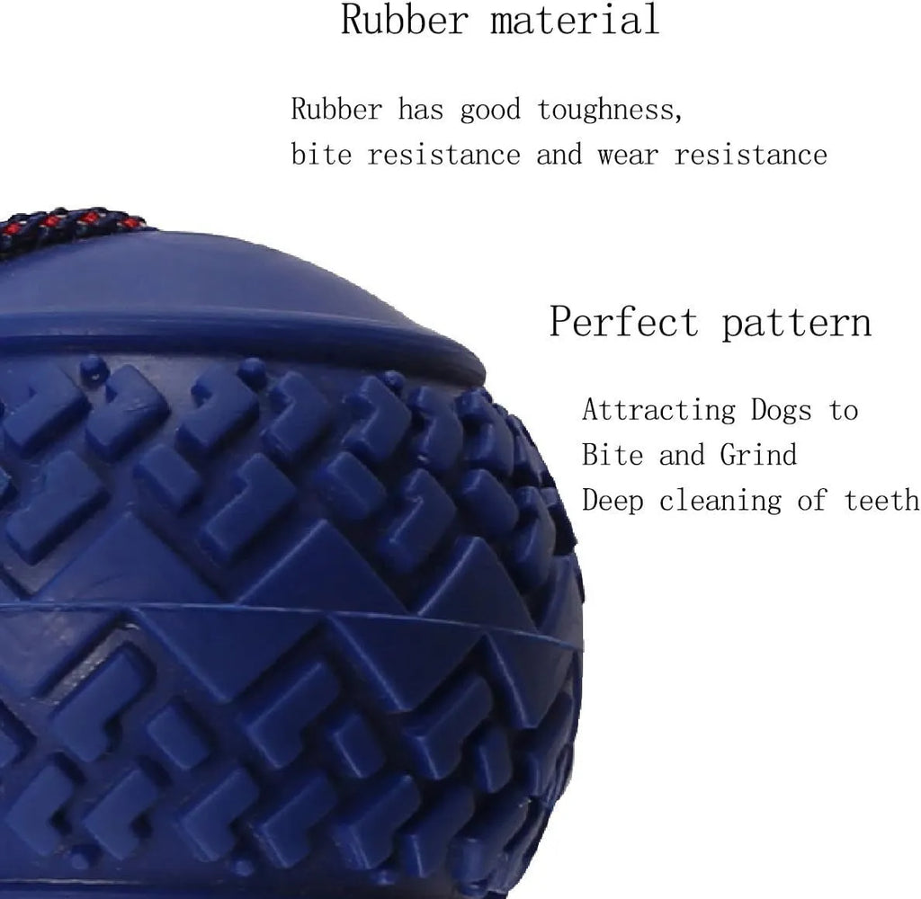 Blue rubber dog ball with attached rope toy for tug of war and dental cleaning