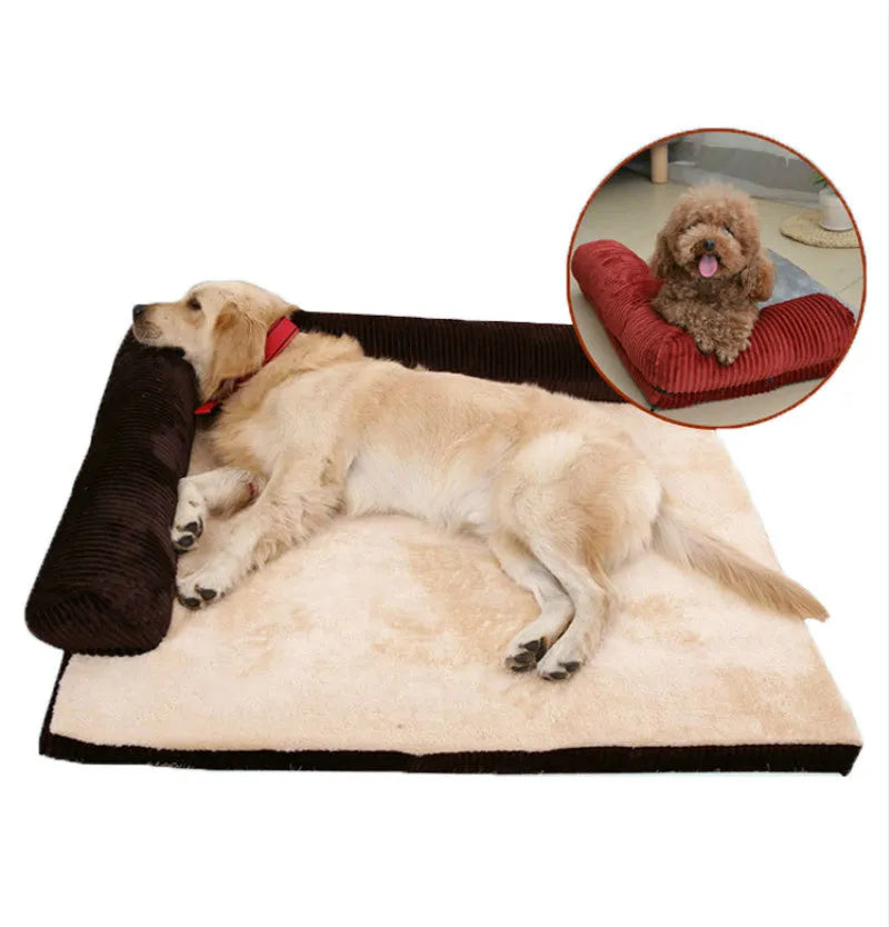 Corduroy pet dog bed with bolster sides on a non-slip base, shown in grey colour.
