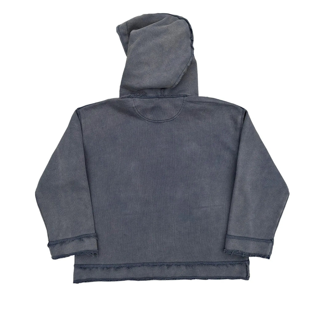 Dark blue unisex hoodie sweater showing reverse colour variation and standard hoodie features