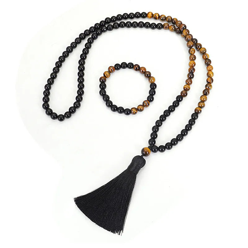 Tiger eye stone tassel pendant on ball bead chain necklace with national style design