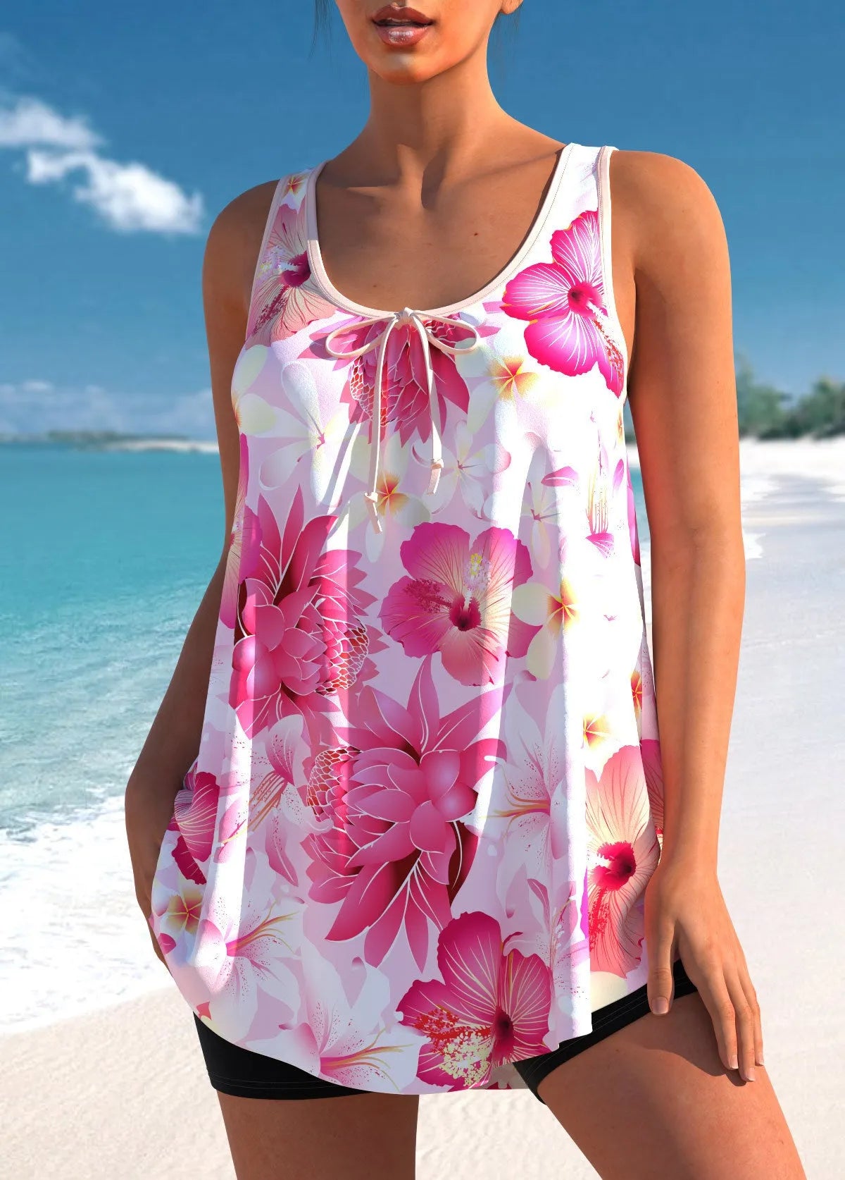Pink printed tankini swimsuit set with high-waisted briefs for plus size women