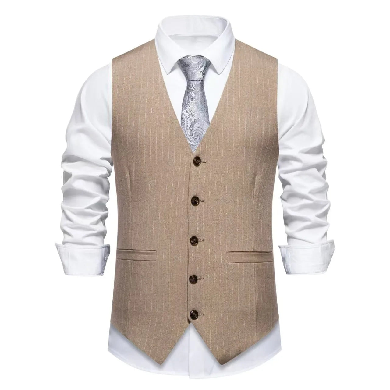 A man's striped suit vest in a formal style, showing the miter bottom hem and pocket detail.