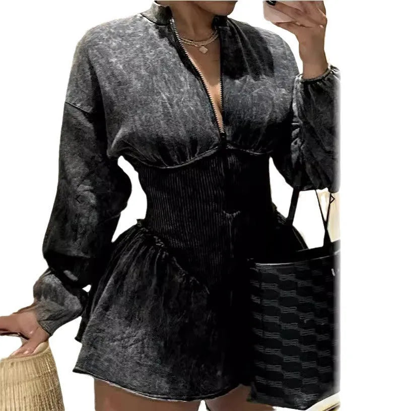 Grey women's slim-fit A-line dress with digital printing, long sleeves, and a zipper detail.