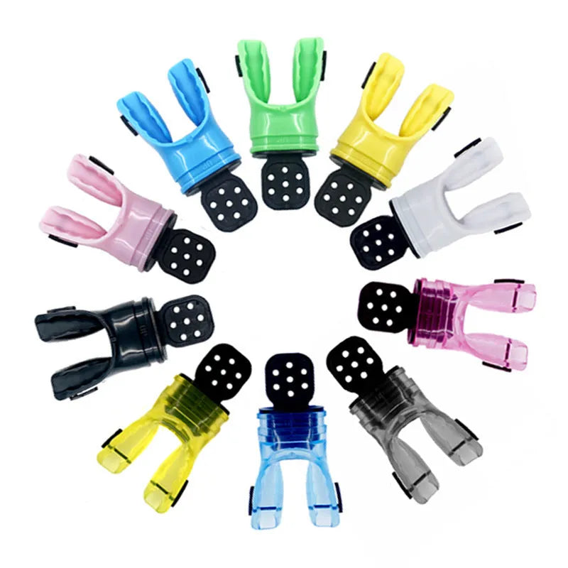 Edible silicone diving mouthpiece, 110mm long, shown in multiple colour options.
