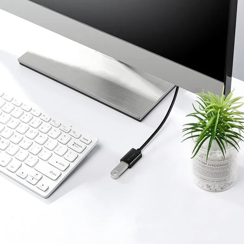 Black USB extension cable with male and female connectors showing length options and double-shielded construction.