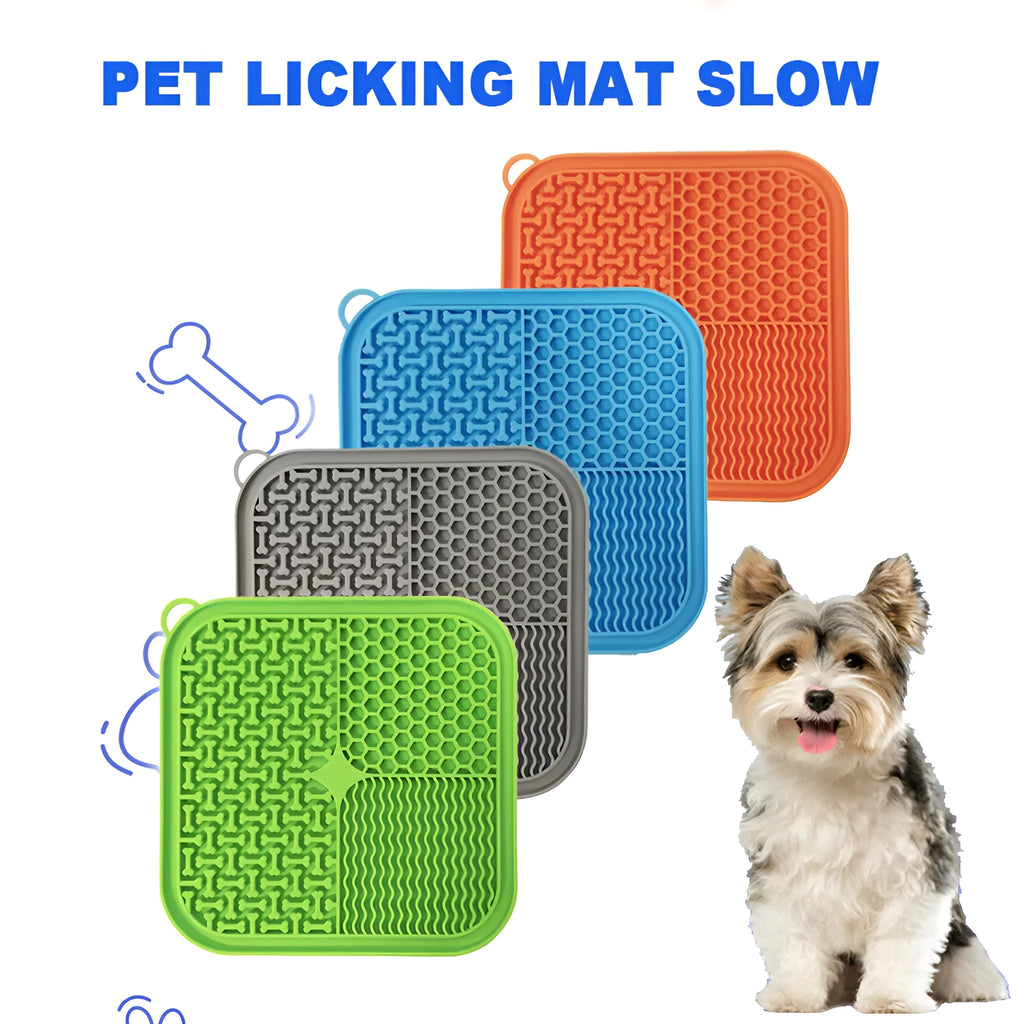 Orange red and grey silicone dog licking mat with textured surface and suction cups on back