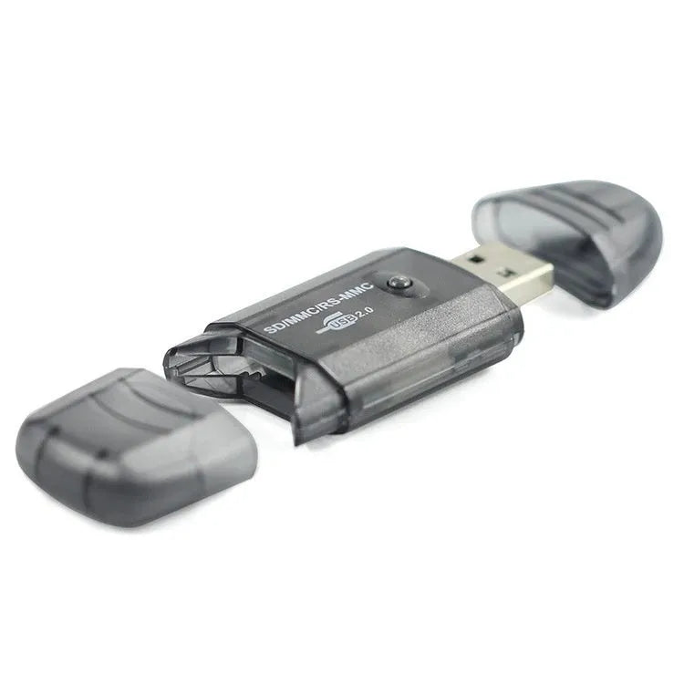 Transparent plastic USB card reader with optional LED light, card holder, and storage bag.